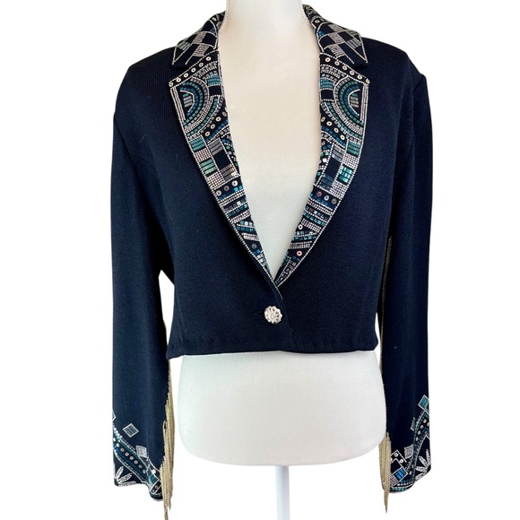 ST JOHN Black Knit Beaded Bolero Jacket Fringe 12 Cowgirl Western Sequin Cropped - Picture 16 of 16
